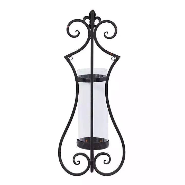 Fleur Distressed Black Iron Sconce, 25 in.