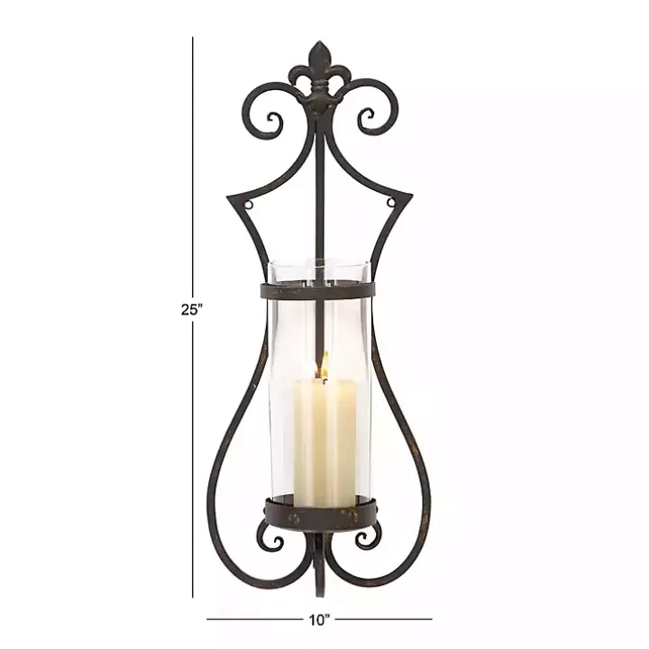 Fleur Distressed Black Iron Sconce, 25 in.