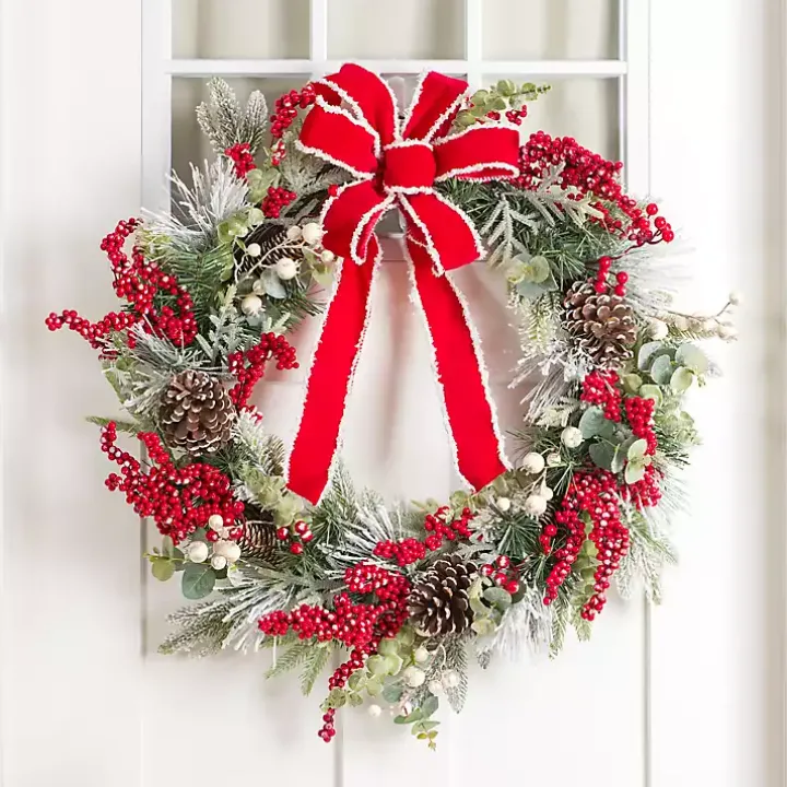 Flocked Berries Wreath with Red Bow