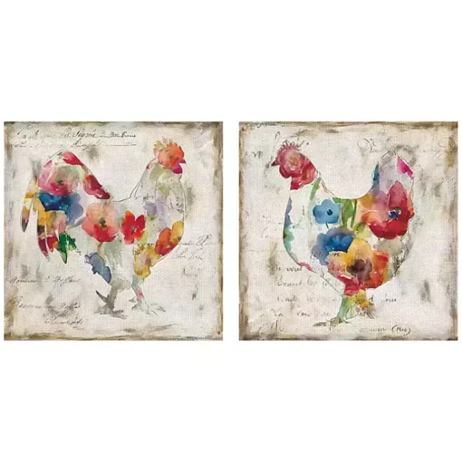 Flowered Chicken Canvas Art Print, Set of 2
