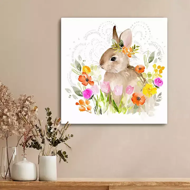 Flowers & Bunny Canvas Art Print