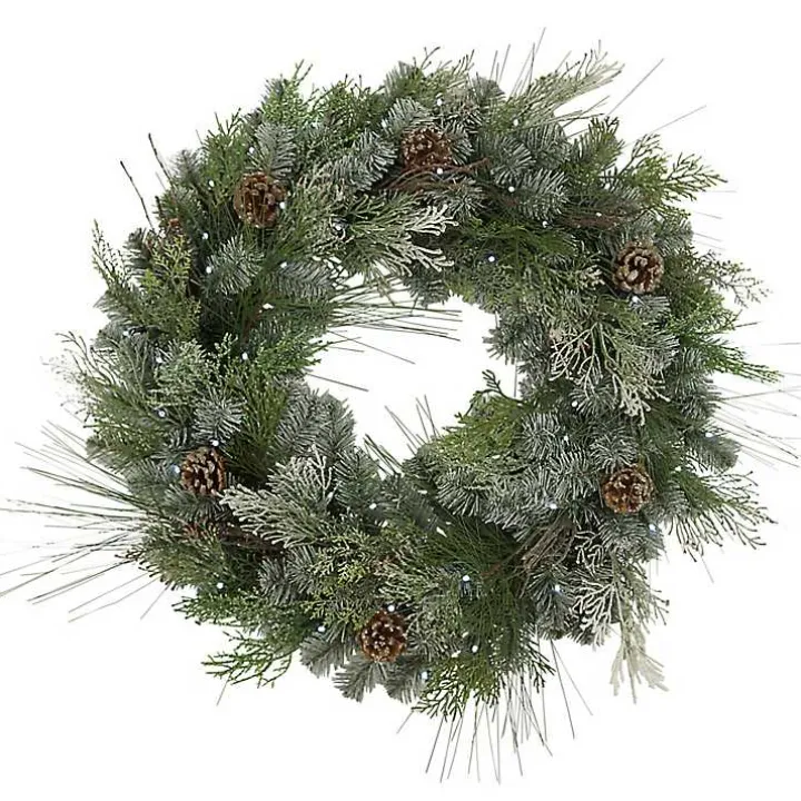 Frosted Pine Needle and Pinecone Pre-Lit Wreath