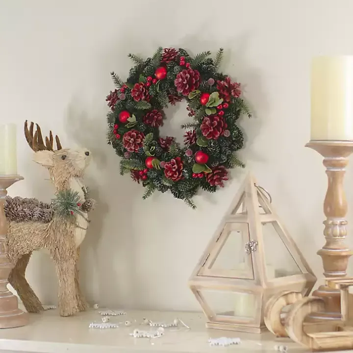 Frosted Red Ornament and Pinecone Wreath