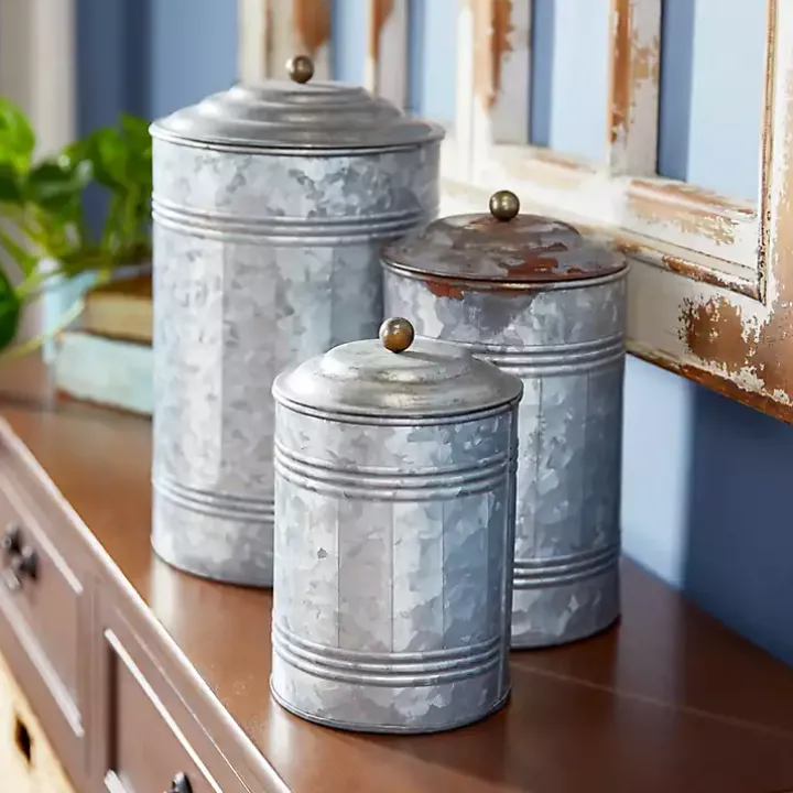 Galvanized Metal Lid 3-pc. Decorative Jar Set