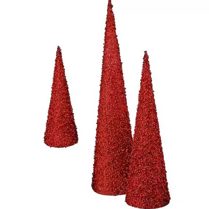 Glittered Red Cone Tabletop Trees, Set of 3