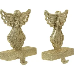 Glittery Gold Angel Stocking Holders, Set of 2