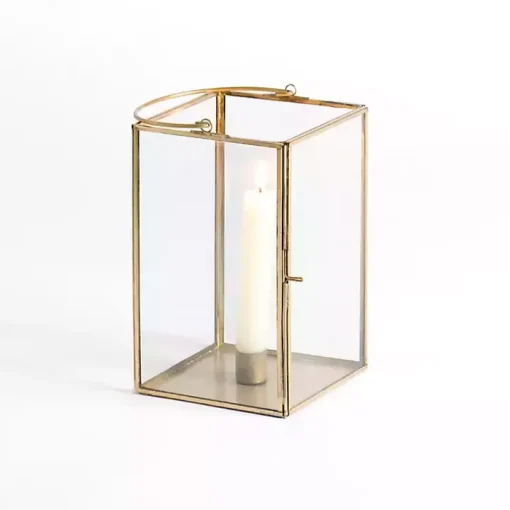 Gold Iron & Glass Taper Candle Lantern, 8 in.