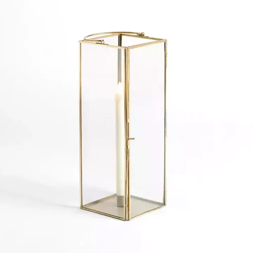 Gold Iron & Glass Taper Candle Lantern, 14 in.