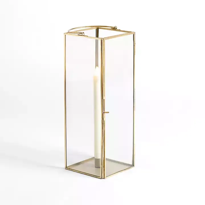 Gold Iron & Glass Taper Candle Lantern, 14 in.