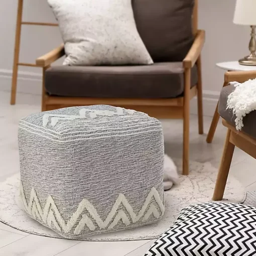 Gray and Ivory Tufted Peak Pouf