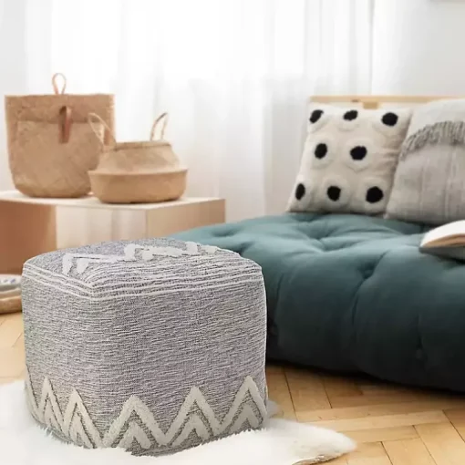 Gray and Ivory Tufted Peak Pouf