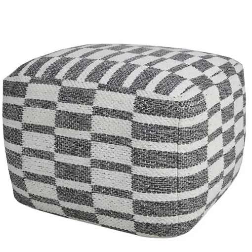 Gray and White Geometric Grid Pouf