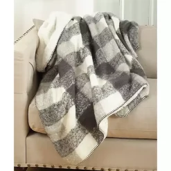 Gray and White Plaid Faux Mohair Sherpa Throw