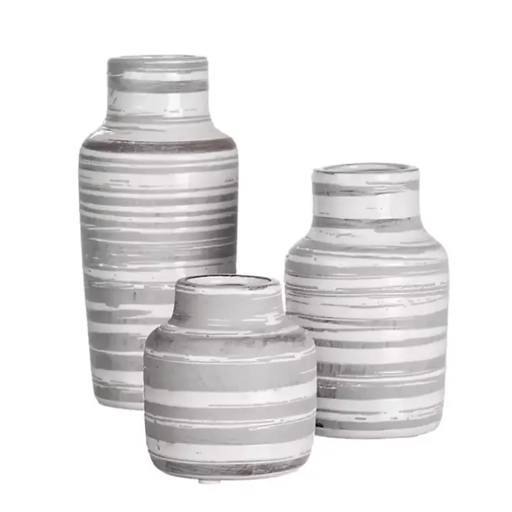 Gray Ceramic Striped Bottle Shaped Vases, Set of 3