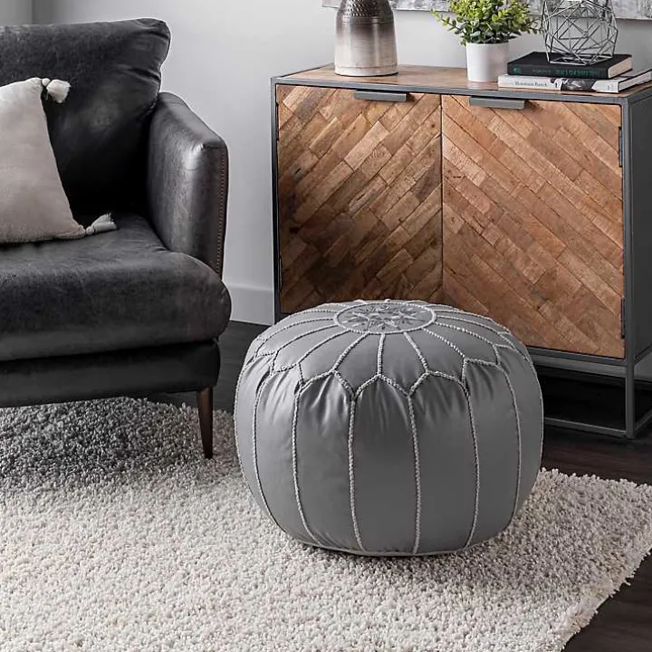 Gray Faux Leather Round Pouf