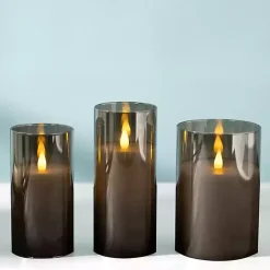 Gray LED Soft Flame Glass Pillar Candle, 3x7 in.