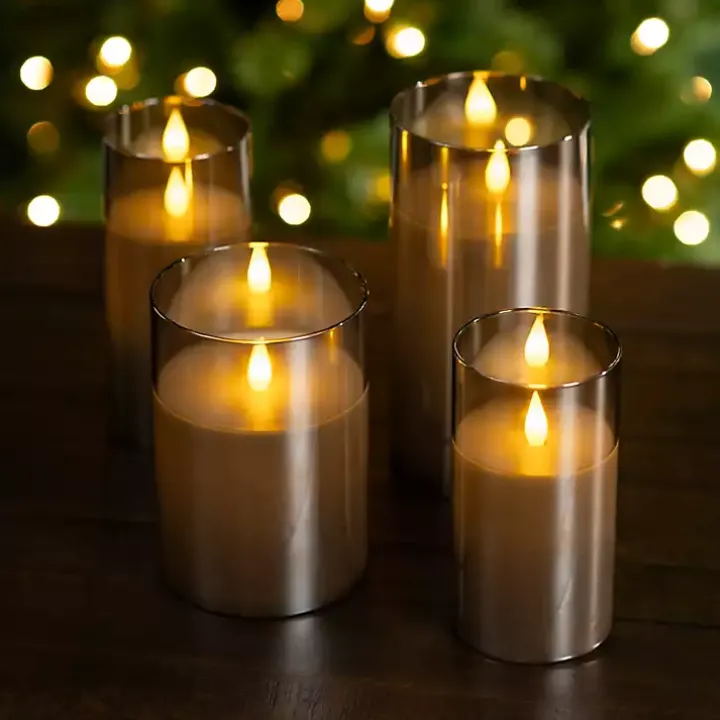 Gray LED Soft Flame Glass Pillar Candle, 4x8 in.