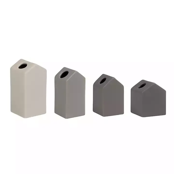 Gray Ombre Ceramic House Shaped Vases, Set of 4
