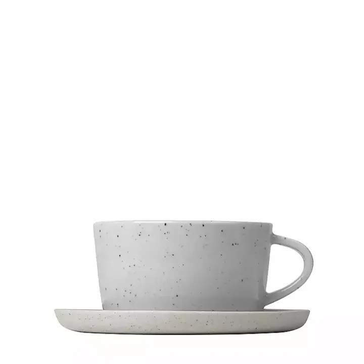 Gray Speckled Ceramic Mugs and Saucers, Set of 2