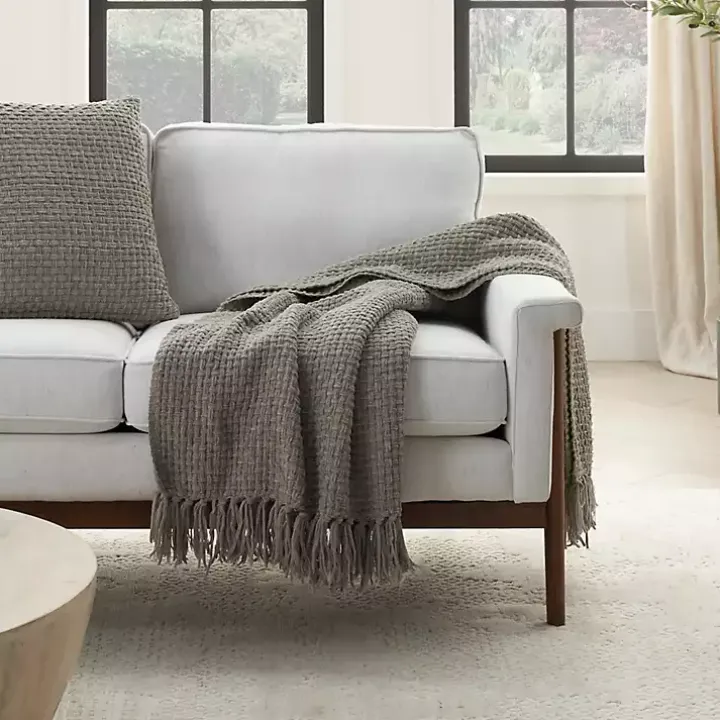 Gray Woven Waffle Knit Chenille Throw