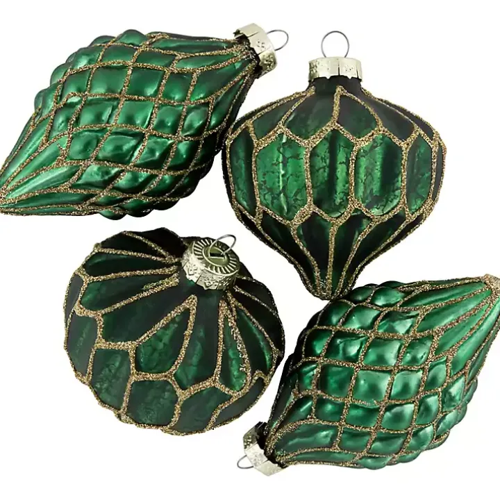 Green & Gold Onion & Finial Ornaments, Set of 4