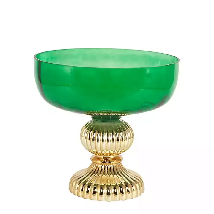Green Glass Vase with Gold Pedestal Base, 12 in.