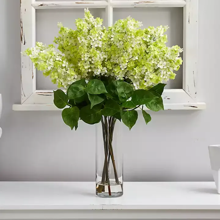 Green Lilac Arrangement in Glass Vase