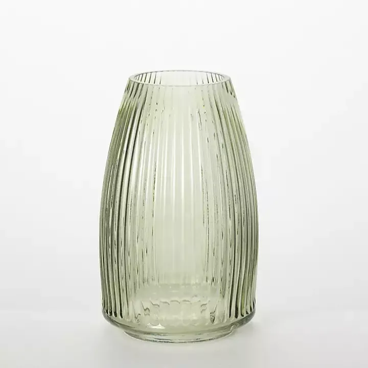 Green Round Ribbed Glass Vase