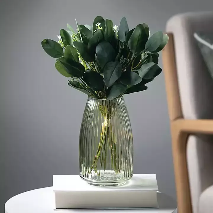 Green Round Ribbed Glass Vase