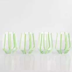 Green Striped Stemless Wine Glasses, Set of 4