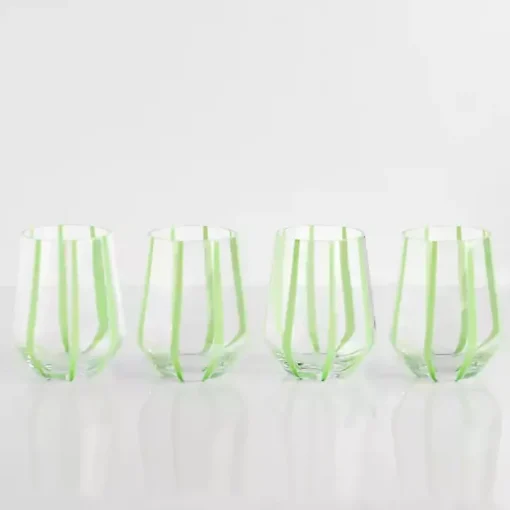 Green Striped Stemless Wine Glasses, Set of 4
