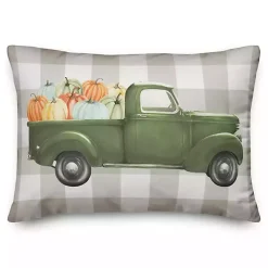 Green Truck with Pumpkins Tan Buffalo Check Pillow
