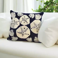 Handhooked Navy Sand Dollar Outdoor Throw Pillow