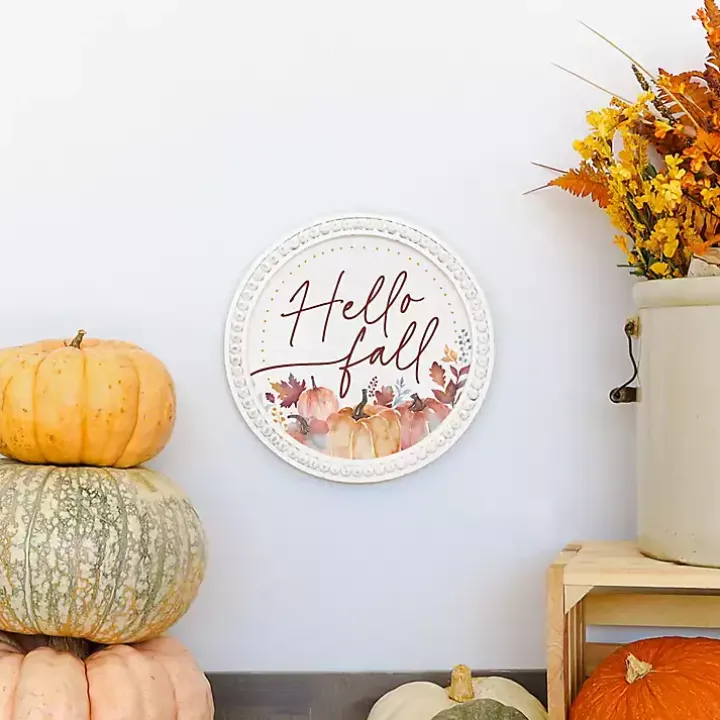 Hello Fall Round Beaded Framed Wall Plaque