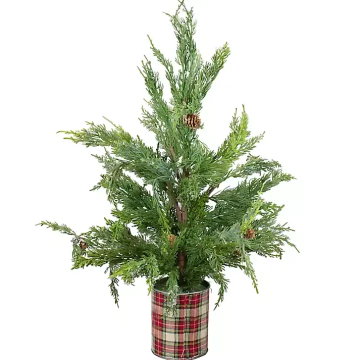 Iced Mini Cedar Tree in Plaid Metal Planter