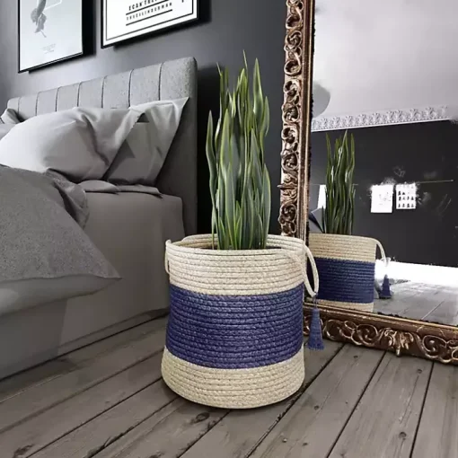 Indigo Bold Striped Jute Basket, 19 in.