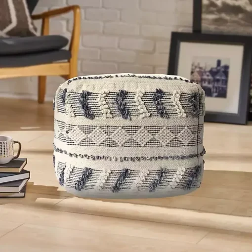 Ivory and Navy Textured Stripe Pouf