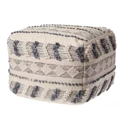 Ivory and Navy Textured Stripe Pouf