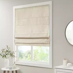 Ivory Faux Silk Room Darkening Roman Shade, 27 in.
