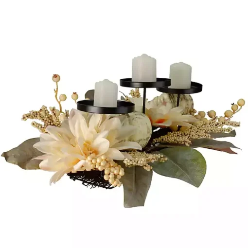 Ivory Pumpkin and Dahlia Candle Centerpiece