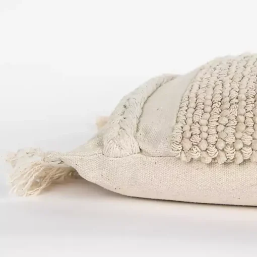 Ivory Tufted Macrame Tassels Lumbar Pillow