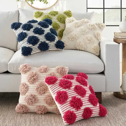 Ivory Tufted Pom Poms Throw Pillow