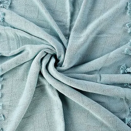 Light Blue Checkered Weave Fringe Throw