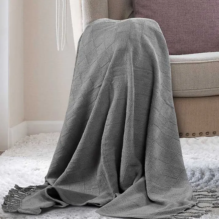 Light Gray Checkered Weave Fringe Throw