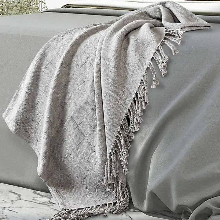 Light Gray Checkered Weave Fringe Throw