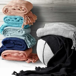 Light Gray Checkered Weave Fringe Throw