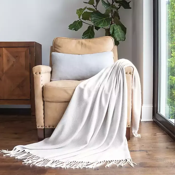 Light Gray Herringbone Throw with Fringe