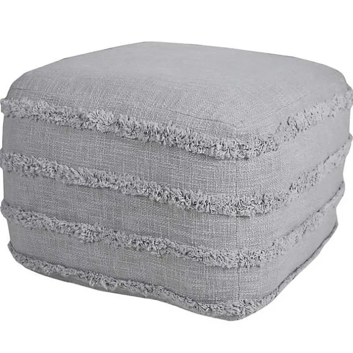 Light Gray Tufted Stripe Cotton Square Pouf
