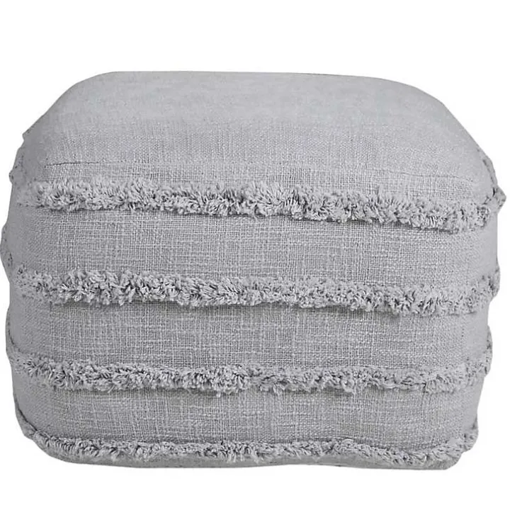 Light Gray Tufted Stripe Cotton Square Pouf