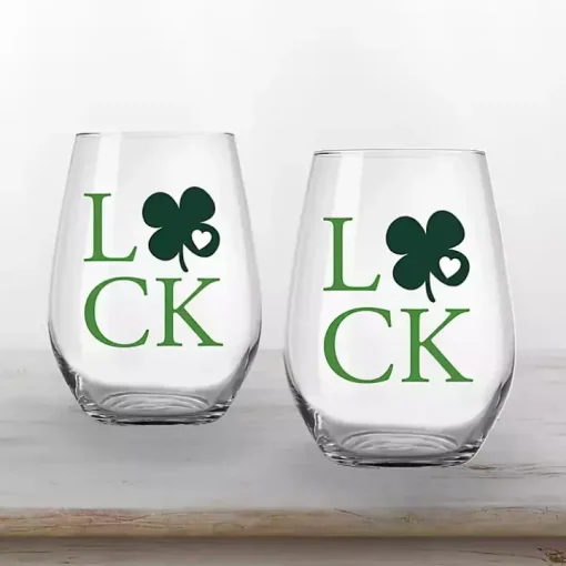 Luck Shamrock Stemless Wine Glasses, Set of 2